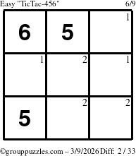 The grouppuzzles.com Easy TicTac-456 puzzle for Monday March 9, 2026 with the first 2 steps marked