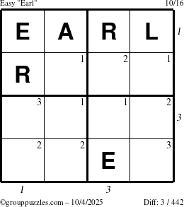 The grouppuzzles.com Easy Earl puzzle for Saturday October 4, 2025 with all 3 steps marked