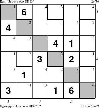 The grouppuzzles.com Easy Sudoku-6up-UR-D puzzle for Saturday October 4, 2025 with all 4 steps marked