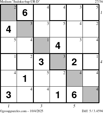 The grouppuzzles.com Medium Sudoku-6up-UR-D puzzle for Saturday October 4, 2025 with all 5 steps marked