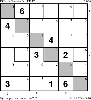 The grouppuzzles.com Difficult Sudoku-6up-UR-D puzzle for Saturday October 4, 2025 with all 8 steps marked