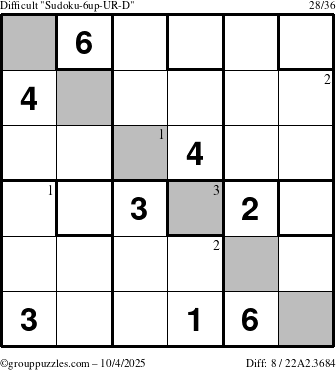 The grouppuzzles.com Difficult Sudoku-6up-UR-D puzzle for Saturday October 4, 2025 with the first 3 steps marked