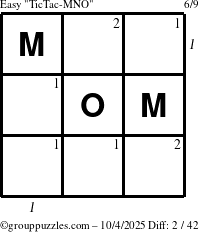 The grouppuzzles.com Easy TicTac-MNO puzzle for Saturday October 4, 2025 with all 2 steps marked