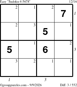 The grouppuzzles.com Easy Sudoku-4-5678 puzzle for Wednesday September 9, 2026, suitable for printing, with all 3 steps marked