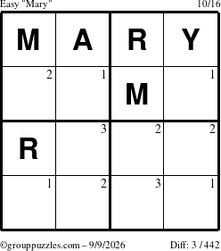 The grouppuzzles.com Easy Mary puzzle for Wednesday September 9, 2026 with the first 3 steps marked
