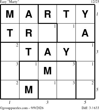 The grouppuzzles.com Easy Marty puzzle for Wednesday September 9, 2026, suitable for printing, with all 3 steps marked