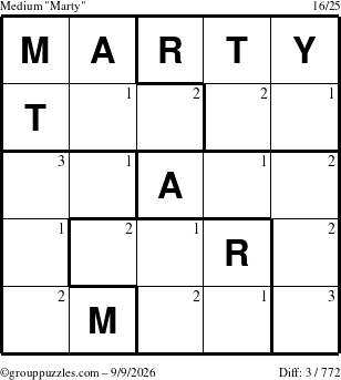 The grouppuzzles.com Medium Marty puzzle for Wednesday September 9, 2026 with the first 3 steps marked