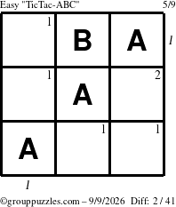 The grouppuzzles.com Easy TicTac-ABC puzzle for Wednesday September 9, 2026, suitable for printing, with all 2 steps marked