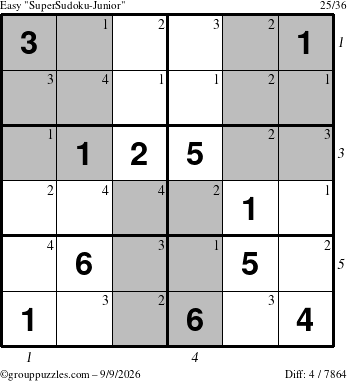 The grouppuzzles.com Easy SuperSudoku-Junior puzzle for Wednesday September 9, 2026 with all 4 steps marked