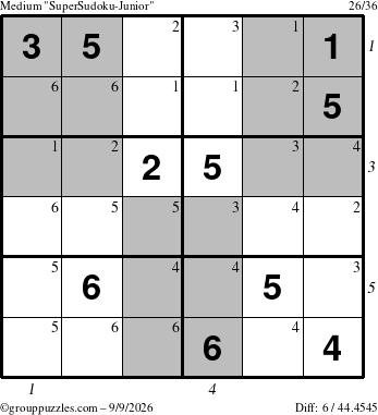 The grouppuzzles.com Medium SuperSudoku-Junior puzzle for Wednesday September 9, 2026 with all 6 steps marked