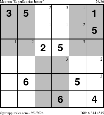 The grouppuzzles.com Medium SuperSudoku-Junior puzzle for Wednesday September 9, 2026 with the first 3 steps marked