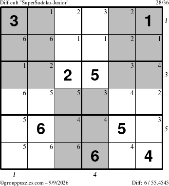 The grouppuzzles.com Difficult SuperSudoku-Junior puzzle for Wednesday September 9, 2026, suitable for printing, with all 6 steps marked