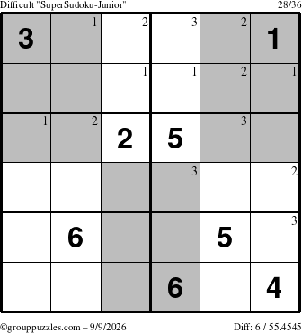 The grouppuzzles.com Difficult SuperSudoku-Junior puzzle for Wednesday September 9, 2026 with the first 3 steps marked