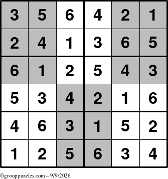 The grouppuzzles.com Answer grid for the SuperSudoku-Junior puzzle for Wednesday September 9, 2026