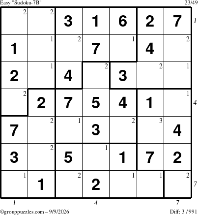 The grouppuzzles.com Easy Sudoku-7B puzzle for Wednesday September 9, 2026 with all 3 steps marked