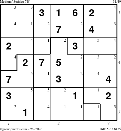 The grouppuzzles.com Medium Sudoku-7B puzzle for Wednesday September 9, 2026 with all 5 steps marked