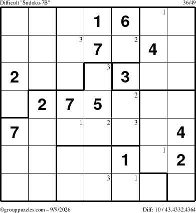 The grouppuzzles.com Difficult Sudoku-7B puzzle for Wednesday September 9, 2026 with the first 3 steps marked