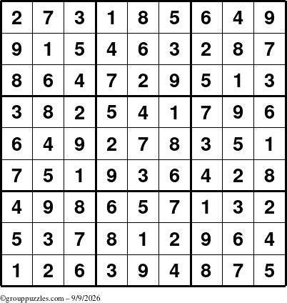 The grouppuzzles.com Answer grid for the Sudoku puzzle for Wednesday September 9, 2026