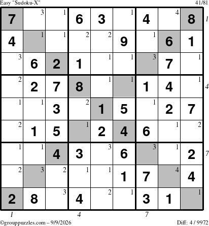 The grouppuzzles.com Easy Sudoku-X puzzle for Wednesday September 9, 2026 with all 4 steps marked