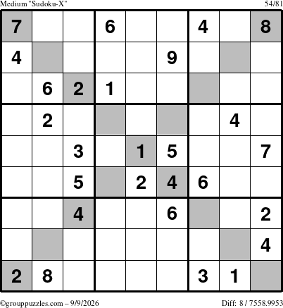 The grouppuzzles.com Medium Sudoku-X puzzle for Wednesday September 9, 2026