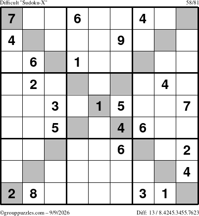The grouppuzzles.com Difficult Sudoku-X puzzle for Wednesday September 9, 2026