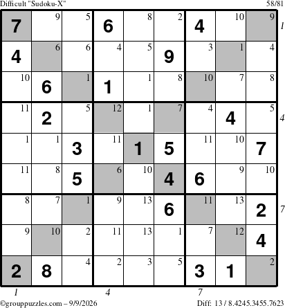 The grouppuzzles.com Difficult Sudoku-X puzzle for Wednesday September 9, 2026 with all 13 steps marked