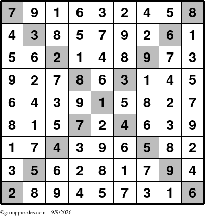 The grouppuzzles.com Answer grid for the Sudoku-X puzzle for Wednesday September 9, 2026