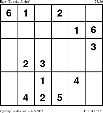 The grouppuzzles.com Easy Sudoku-Junior puzzle for Monday April 7, 2025