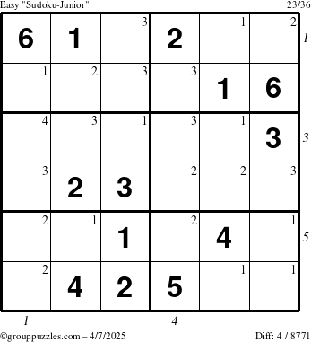 The grouppuzzles.com Easy Sudoku-Junior puzzle for Monday April 7, 2025 with all 4 steps marked