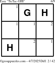 The grouppuzzles.com Easy TicTac-GHI puzzle for Monday April 7, 2025 with the first 2 steps marked