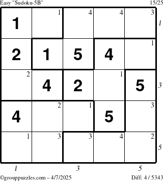 The grouppuzzles.com Easy Sudoku-5B puzzle for Monday April 7, 2025 with all 4 steps marked