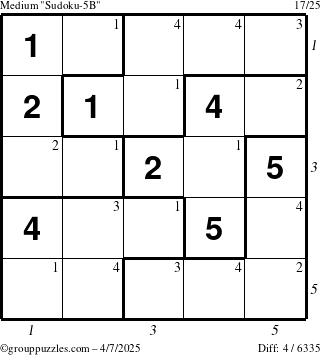 The grouppuzzles.com Medium Sudoku-5B puzzle for Monday April 7, 2025 with all 4 steps marked