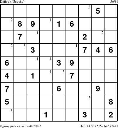 The grouppuzzles.com Difficult Sudoku puzzle for Monday April 7, 2025 with the first 3 steps marked