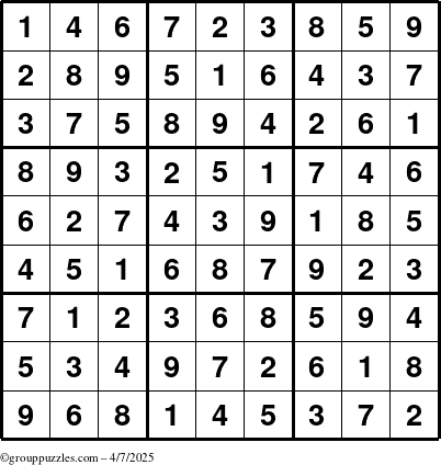 The grouppuzzles.com Answer grid for the Sudoku puzzle for Monday April 7, 2025