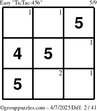 The grouppuzzles.com Easy TicTac-456 puzzle for Monday April 7, 2025 with the first 2 steps marked