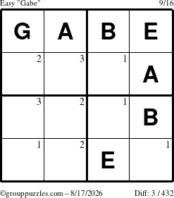 The grouppuzzles.com Easy Gabe puzzle for Monday August 17, 2026 with the first 3 steps marked
