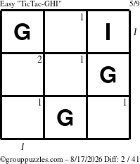 The grouppuzzles.com Easy TicTac-GHI puzzle for Monday August 17, 2026 with all 2 steps marked