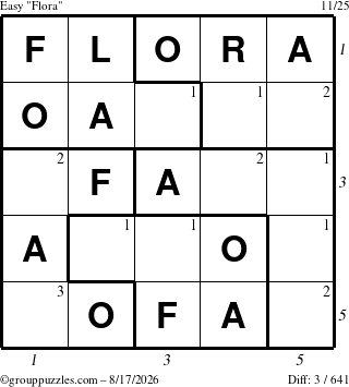The grouppuzzles.com Easy Flora puzzle for Monday August 17, 2026, suitable for printing, with all 3 steps marked
