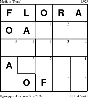 The grouppuzzles.com Medium Flora puzzle for Monday August 17, 2026 with the first 3 steps marked