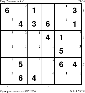 The grouppuzzles.com Easy Sudoku-Junior puzzle for Monday August 17, 2026, suitable for printing, with all 4 steps marked