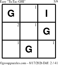 The grouppuzzles.com Easy TicTac-GHI puzzle for Monday August 17, 2026 with the first 2 steps marked