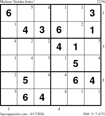 The grouppuzzles.com Medium Sudoku-Junior puzzle for Monday August 17, 2026, suitable for printing, with all 5 steps marked