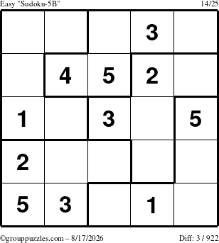 The grouppuzzles.com Easy Sudoku-5B puzzle for Monday August 17, 2026