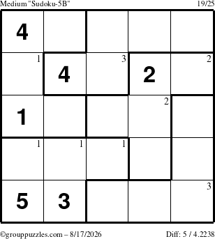 The grouppuzzles.com Medium Sudoku-5B puzzle for Monday August 17, 2026 with the first 3 steps marked