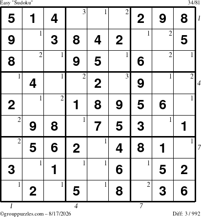 The grouppuzzles.com Easy Sudoku puzzle for Monday August 17, 2026, suitable for printing, with all 3 steps marked