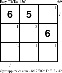 The grouppuzzles.com Easy TicTac-456 puzzle for Monday August 17, 2026 with all 2 steps marked
