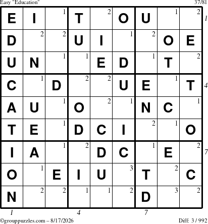 The grouppuzzles.com Easy Education-c1 puzzle for Monday August 17, 2026, suitable for printing, with all 3 steps marked