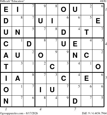 The grouppuzzles.com Difficult Education-c1 puzzle for Monday August 17, 2026, suitable for printing, with all 9 steps marked