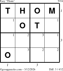 The grouppuzzles.com Easy Thom puzzle for Thursday March 12, 2026 with all 3 steps marked