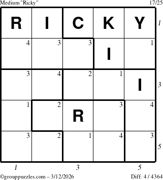 The grouppuzzles.com Medium Ricky puzzle for Thursday March 12, 2026, suitable for printing, with all 4 steps marked